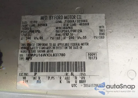 2003 Ford Expedition Xlt из США, поврежденный, VIN 1FMPU16WX3LB31780